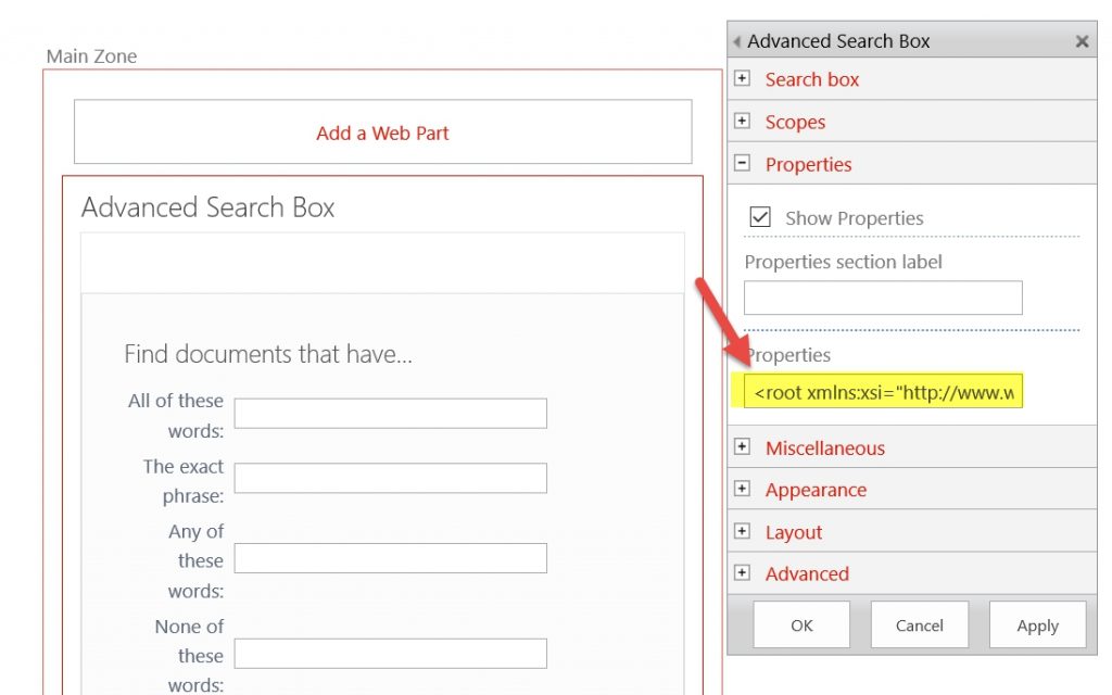Advanced Search Properties XML editor