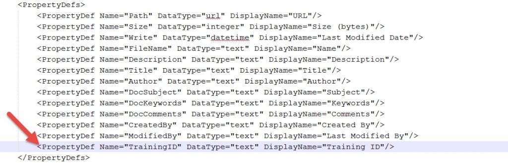 Advanced Search PropertyDefs - custom metadata TrainingID