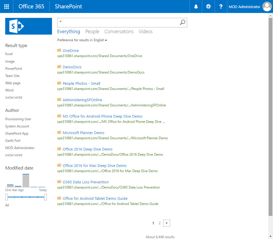 Out-of-the-box search user interface: Everything, People, Videos, Conversations