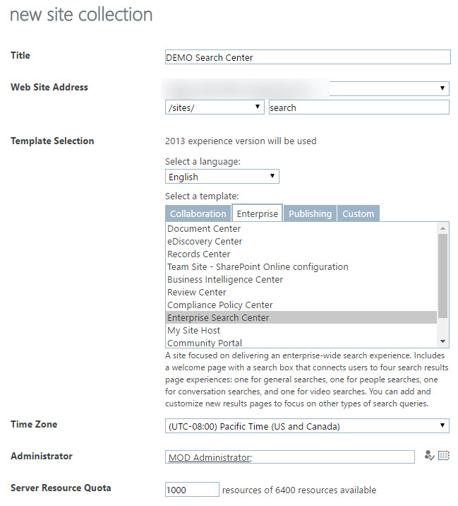 Create new site collection: Enterprise Search Center