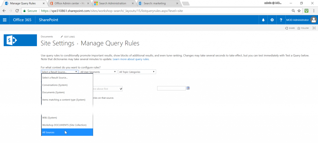 SharePoint Search Query Rule Select a Result Source