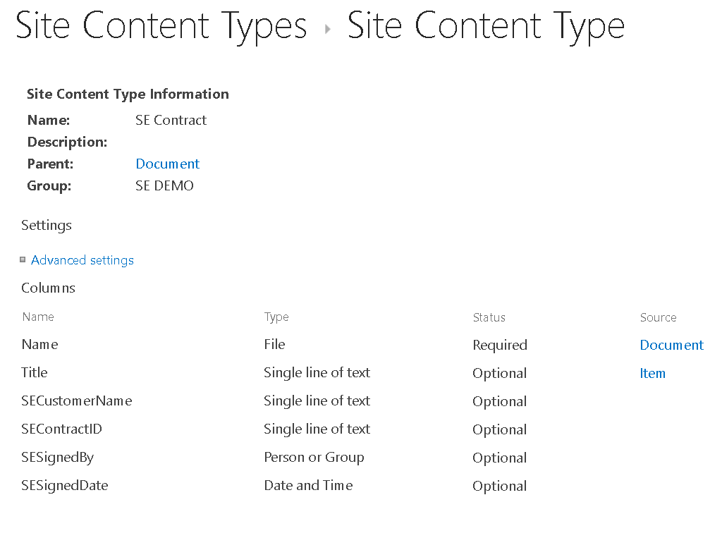 SE Contract - Custom Content Type in Content type HUB