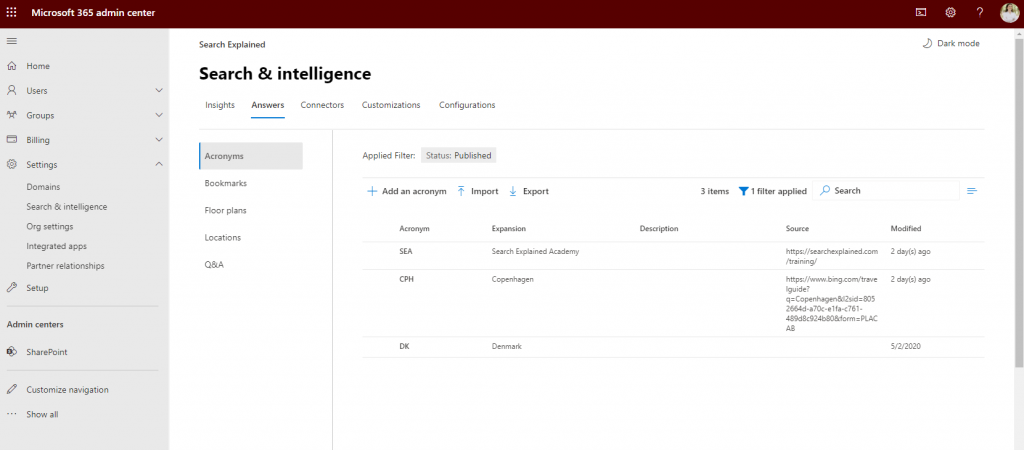 Microsoft Search admin center.