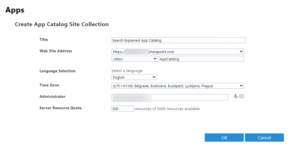 Create SharePoint App Catalog site collection